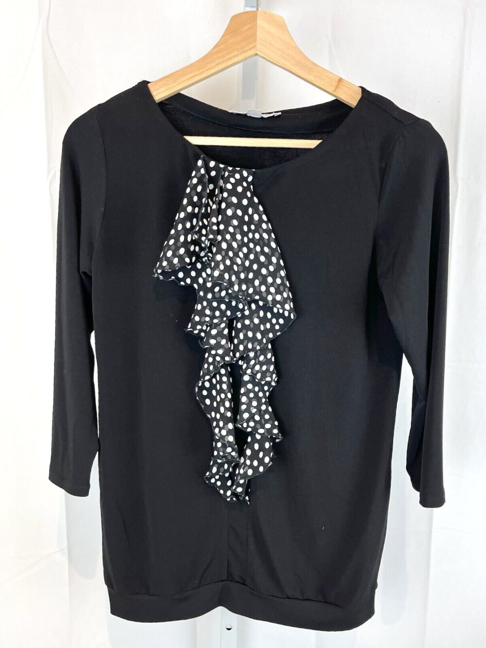 ANDRIA LIEU COLLECTION M 3/4 Sleeve Polka Dot Ruffle Top Blouse Shirt Black USA